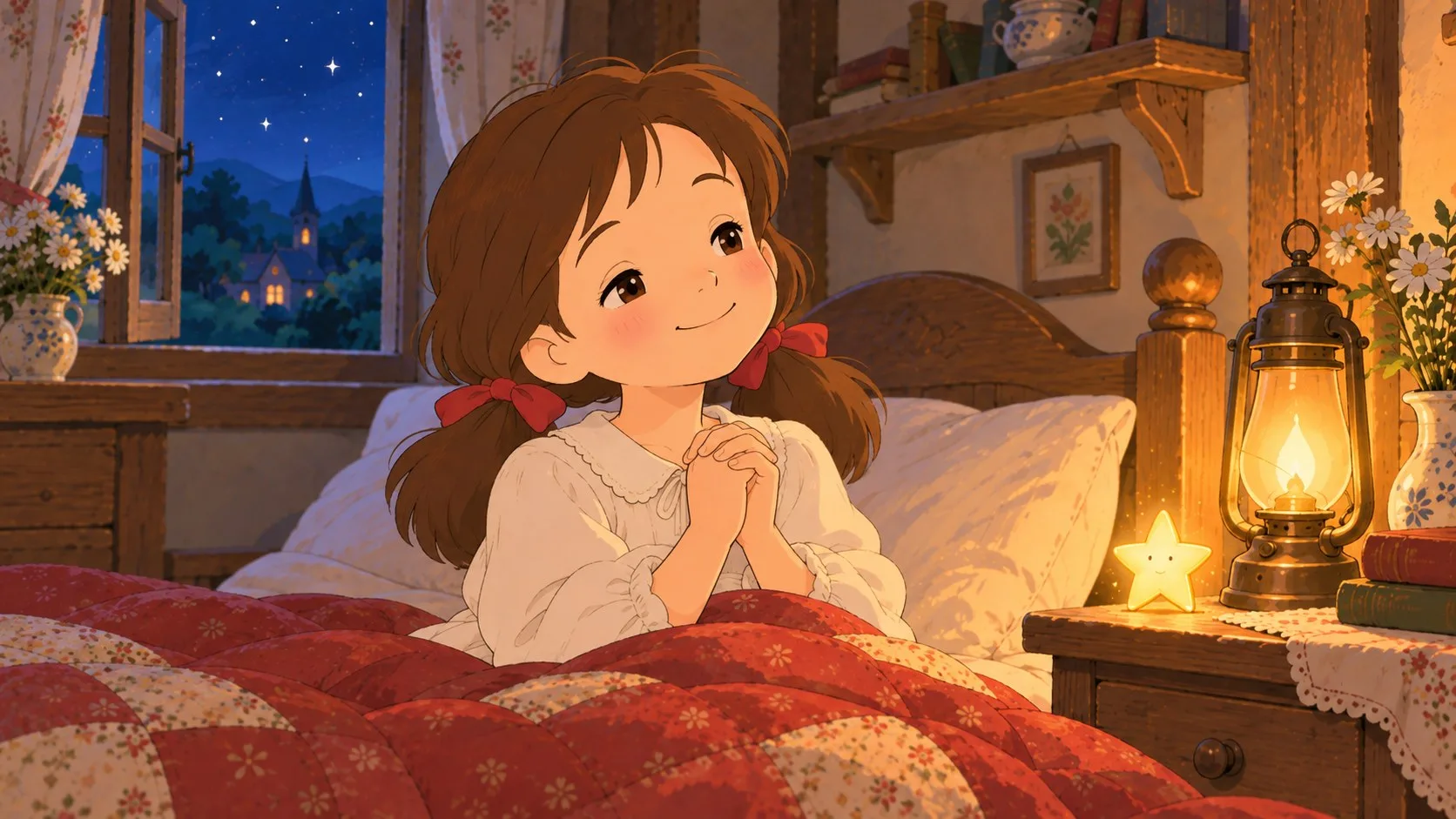 A little girl in her nightdress folds her hands to pray in bed by lantern light.