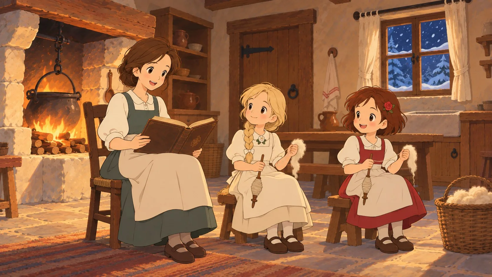 Mama reads a storybook by the fire while two little sisters listen, snow at the window.