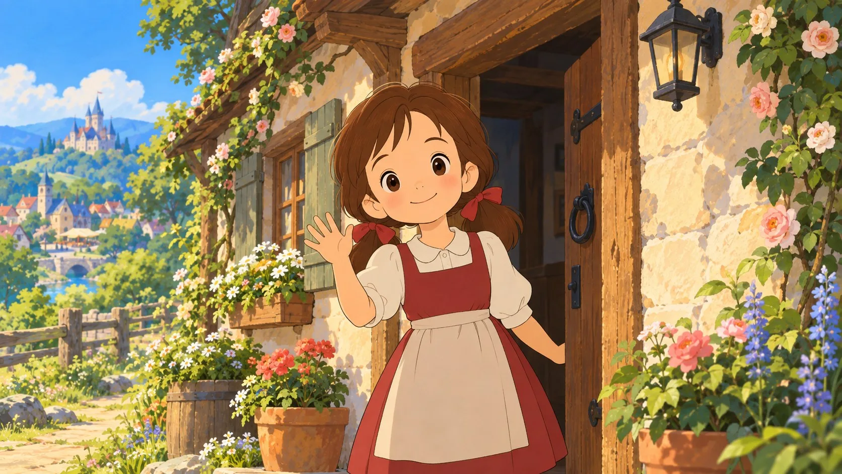 Greta waves hello from her cottage door, roses climbing the wall beside her.