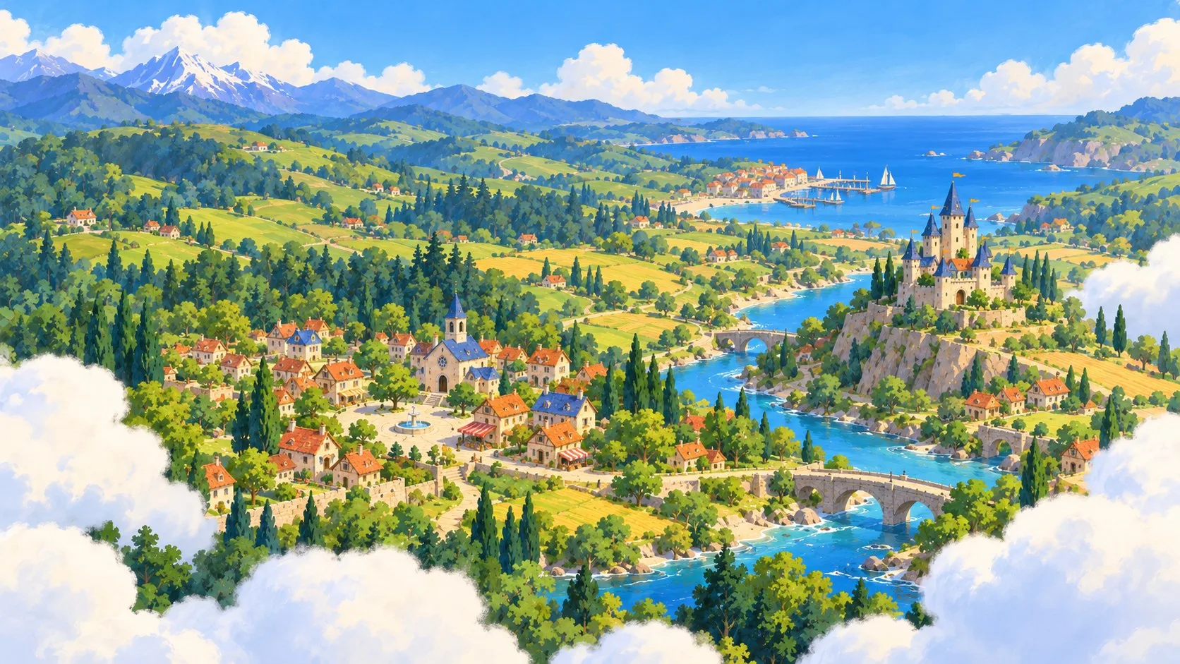 Little Lingo Valley from above: the village by the blue bay, a castle on its hill and snowy mountains beyond.
