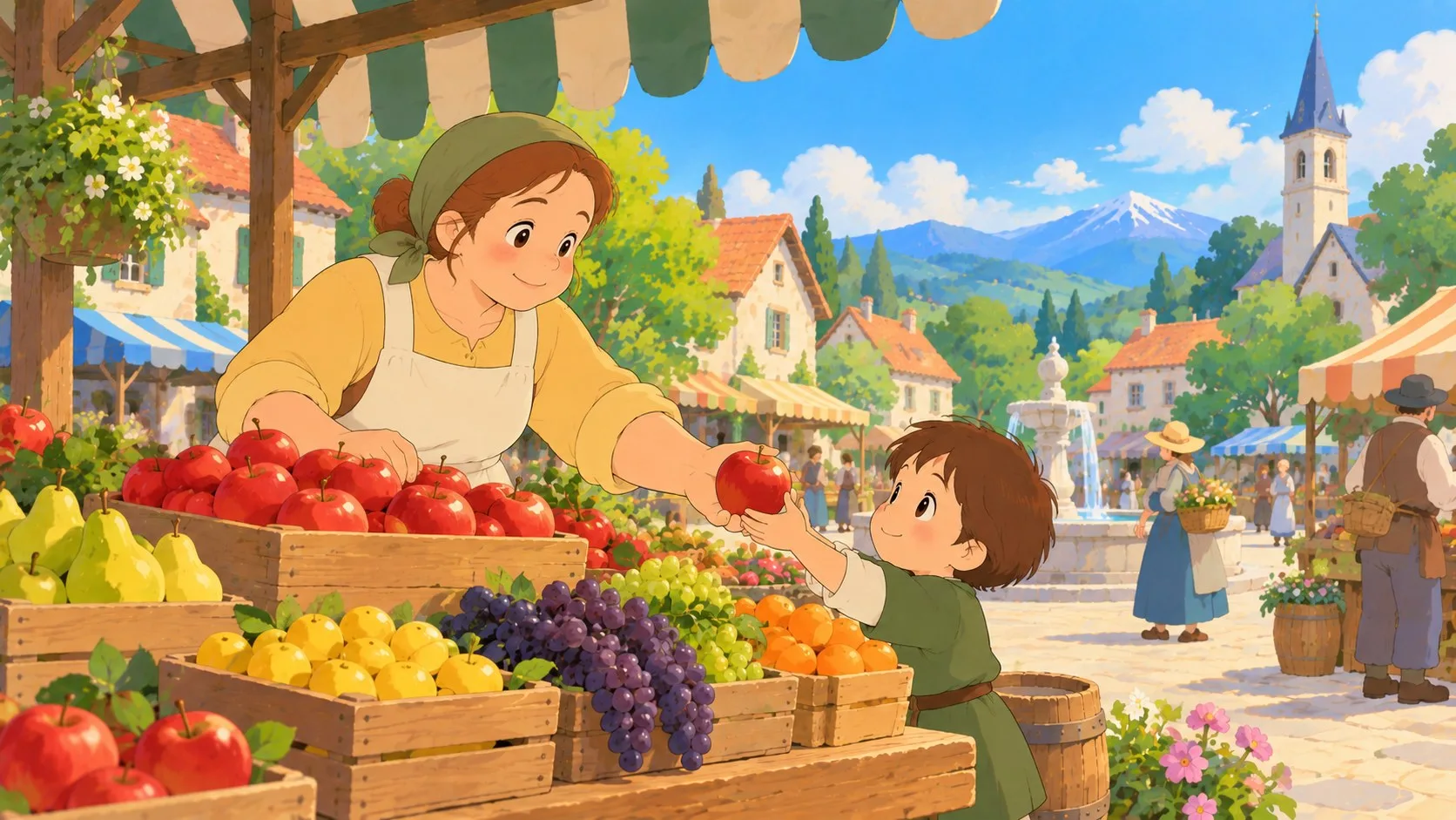 Greta's village on market day: a greengrocer hands a boy a tomato beside the fountain, with the blue-spired church and snowy mountains behind.